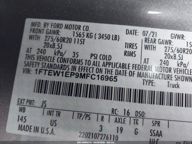 Продаж на аукціоні авто 2021 Ford F-150 Xlt, vin: 1FTEW1EP9MFC16965, номер лоту: 44966315