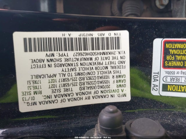 44966318 :رقم المزاد ، 2HKRM4H50DH626627 vin ، 2013 Honda Cr-v Ex مزاد بيع