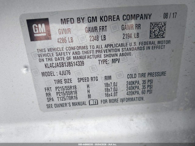 Aukcja sprzedaży 2018 Buick Encore Preferred, vin: KL4CJASB1JB514339, numer aukcji: 44966330