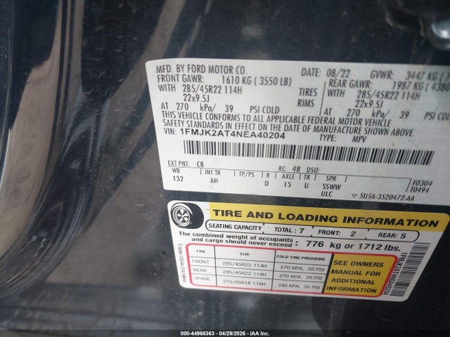 2022 Ford Expedition Limited Max მანქანა იყიდება აუქციონზე, vin: 1FMJK2AT4NEA40204, აუქციონის ნომერი: 44966363