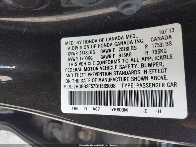 44966368 :رقم المزاد ، 2HGFB2F57DH589098 vin ، 2013 Honda Civic Lx مزاد بيع