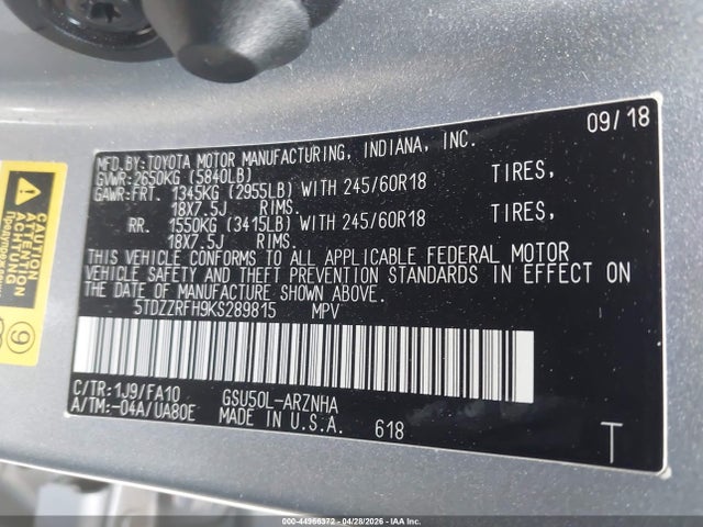 44966372 :رقم المزاد ، 5TDZZRFH9KS289815 vin ، 2019 Toyota Highlander Le Plus مزاد بيع