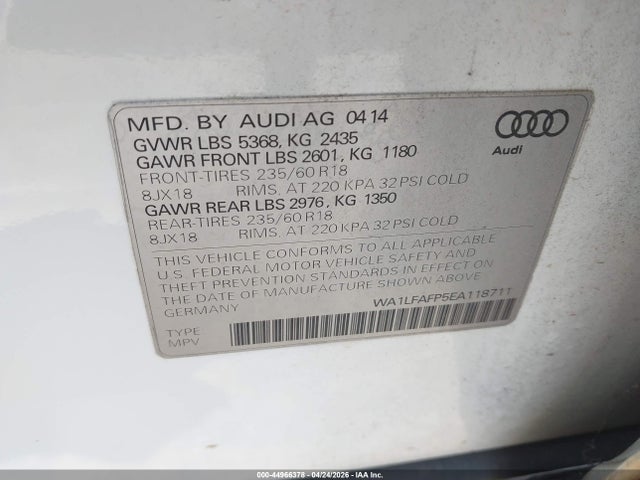 44966378 :رقم المزاد ، WA1LFAFP5EA118711 vin ، 2014 Audi Q5 2.0t Premium مزاد بيع