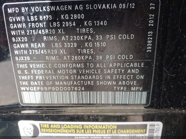 2013 Volkswagen Touareg Vr6 Executive მანქანა იყიდება აუქციონზე, vin: WVGEF9BP9DD007624, აუქციონის ნომერი: 44966379
