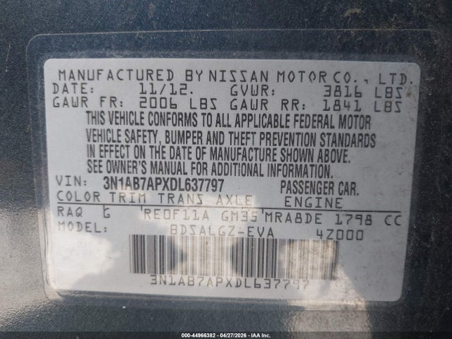 44966382 :رقم المزاد ، 3N1AB7APXDL637797 vin ، 2013 Nissan Sentra Sl مزاد بيع