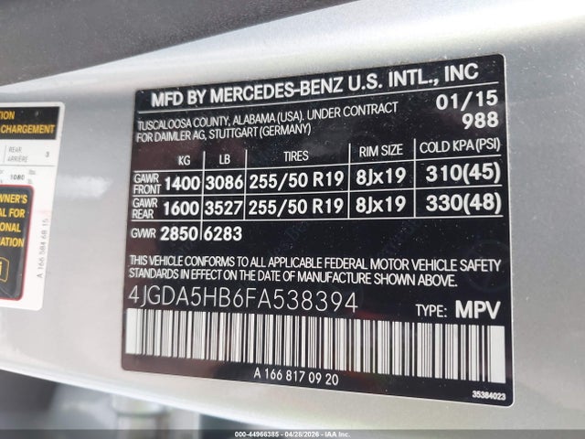 44966385 :رقم المزاد ، 4JGDA5HB6FA538394 vin ، 2015 Mercedes-benz Ml 350 4matic مزاد بيع