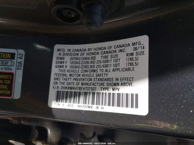 44966392 :رقم المزاد ، 2HKRM4H78EH707507 vin ، 2014 Honda Cr-v Ex-l مزاد بيع