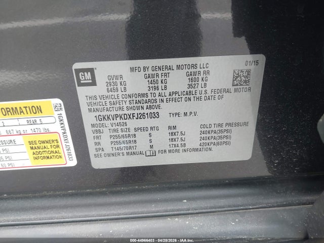 Aukcja sprzedaży 2015 Gmc Acadia Sle-2, vin: 1GKKVPKDXFJ261033, numer aukcji: 44966403