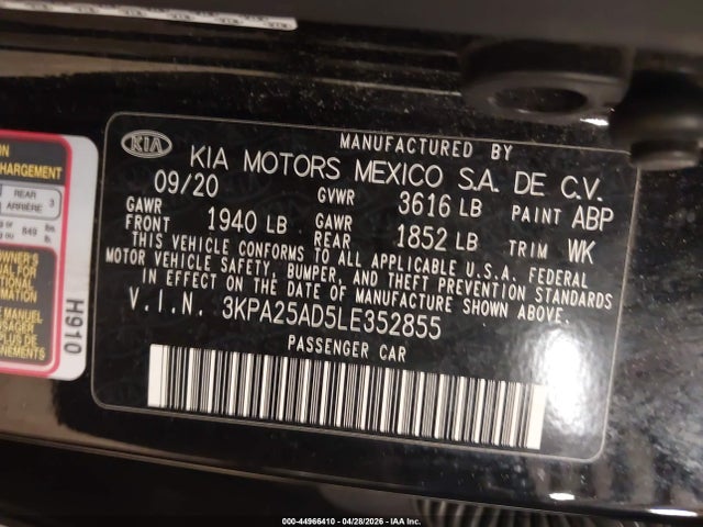 Aukcja sprzedaży 2020 Kia Rio 5-door S, vin: 3KPA25AD5LE352855, numer aukcji: 44966410