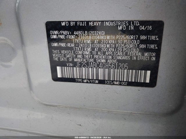 Aukcja sprzedaży 2016 Subaru Forester 2.5i, vin: JF2SJABC4GH561205, numer aukcji: 44966413