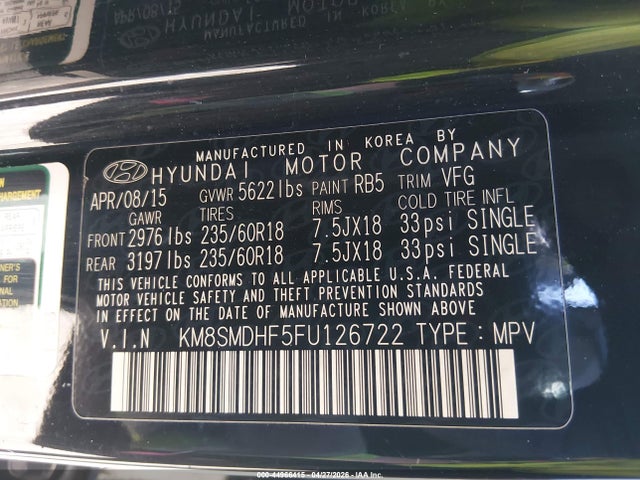 Продаж на аукціоні авто 2015 Hyundai Santa Fe Gls, vin: KM8SMDHF5FU126722, номер лоту: 44966415