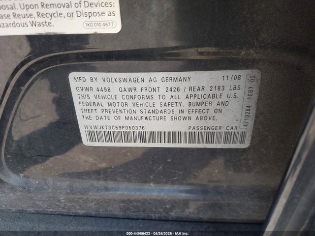 44966422 :رقم المزاد ، WVWJK73C59P050376 vin ، 2009 Volkswagen Passat Komfort مزاد بيع