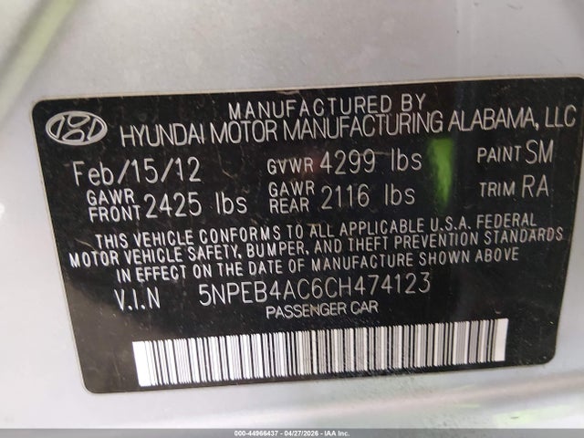 Продаж на аукціоні авто 2012 Hyundai Sonata Gls, vin: 5NPEB4AC6CH474123, номер лоту: 44966437
