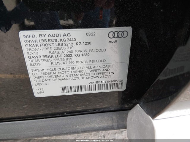 Aukcja sprzedaży 2022 Audi Q5 Premium Plus 40 Tfsi Quattro S Tronic, vin: WA1BBAFY1N2085829, numer aukcji: 44966453