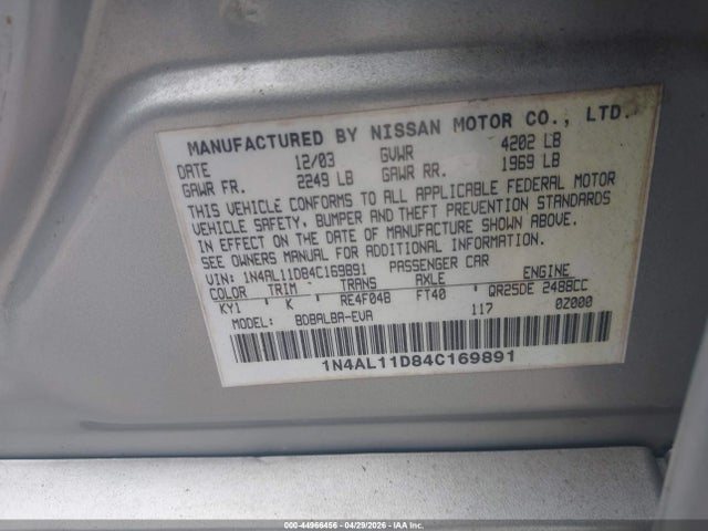 2004 Nissan Altima 2.5 S მანქანა იყიდება აუქციონზე, vin: 1N4AL11D84C169891, აუქციონის ნომერი: 44966456