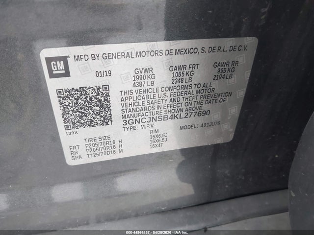44966457 :رقم المزاد ، 3GNCJNSB4KL277690 vin ، 2019 Chevrolet Trax Ls مزاد بيع