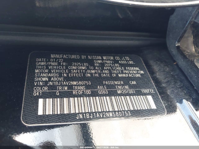 2022 Nissan Rogue Sport S Fwd Xtronic Cvt მანქანა იყიდება აუქციონზე, vin: JN1BJ1AV2NW580753, აუქციონის ნომერი: 44966472