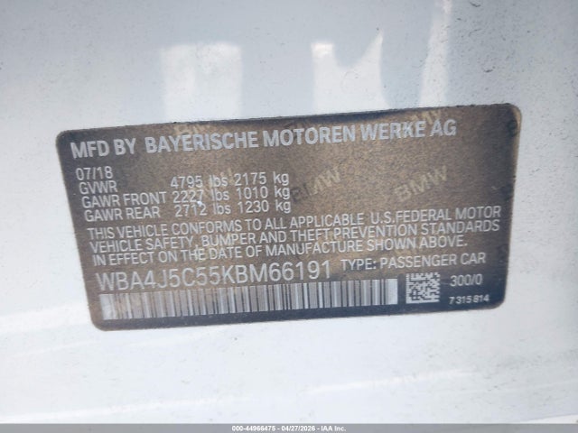 44966475 :رقم المزاد ، WBA4J5C55KBM66191 vin ، 2019 Bmw 440i Gran Coupe مزاد بيع