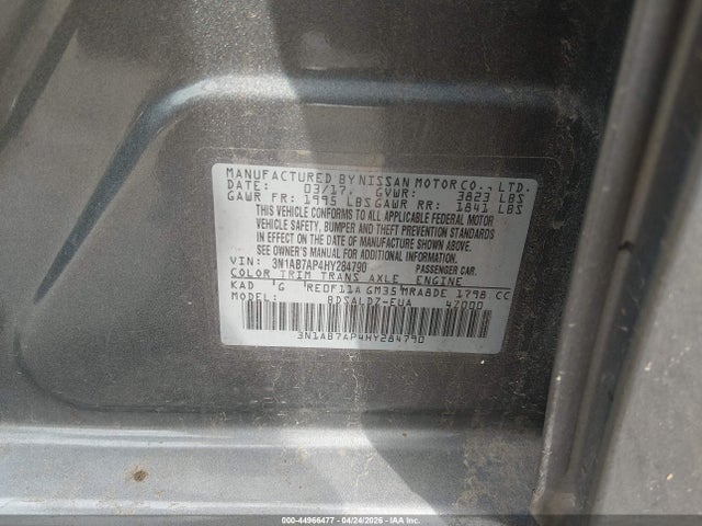 2017 Nissan Sentra Sv მანქანა იყიდება აუქციონზე, vin: 3N1AB7AP4HY284790, აუქციონის ნომერი: 44966477