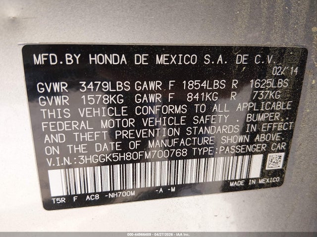 Продажа на аукционе авто 2015 Honda Fit Ex/ex-l, vin: 3HGGK5H80FM700768, номер лота: 44966489