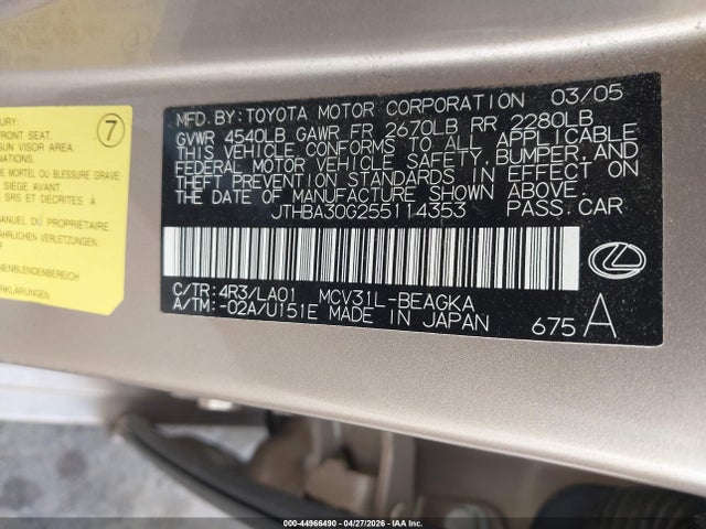 Продаж на аукціоні авто 2005 Lexus Es 330, vin: JTHBA30G255114353, номер лоту: 44966490