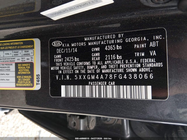 2015 Kia Optima Lx მანქანა იყიდება აუქციონზე, vin: 5XXGM4A78FG438066, აუქციონის ნომერი: 44966510