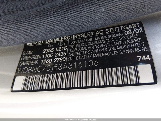 Продаж на аукціоні авто 2003 Mercedes-benz S 430, vin: WDBNG70J53A316106, номер лоту: 44966511