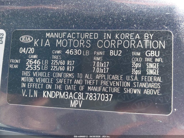 KNDPM3AC8L7837037 KIA Sportage Lx