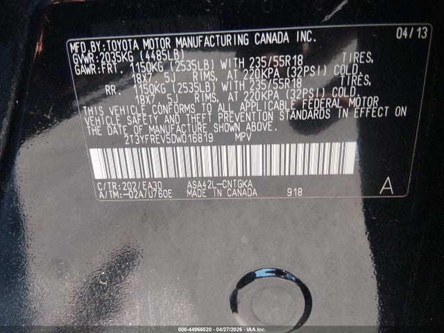 44966520 :رقم المزاد ، 2T3YFREV5DW016819 vin ، 2013 Toyota Rav4 Limited مزاد بيع