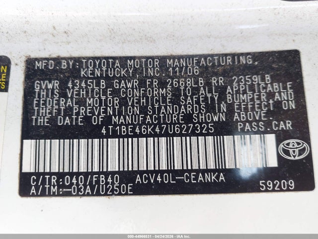 Aukcja sprzedaży 2007 Toyota Camry Le, vin: 4T1BE46K47U627325, numer aukcji: 44966531