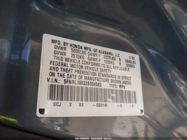 44966533 :رقم المزاد ، 5FNRL18632B004383 vin ، 2002 Honda Odyssey Ex مزاد بيع