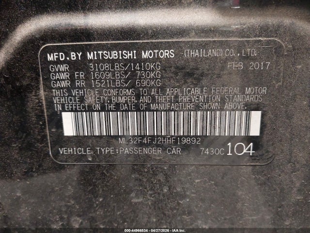 44966534 :رقم المزاد ، ML32F4FJ2HHF19892 vin ، 2017 Mitsubishi Mirage G4 Se مزاد بيع
