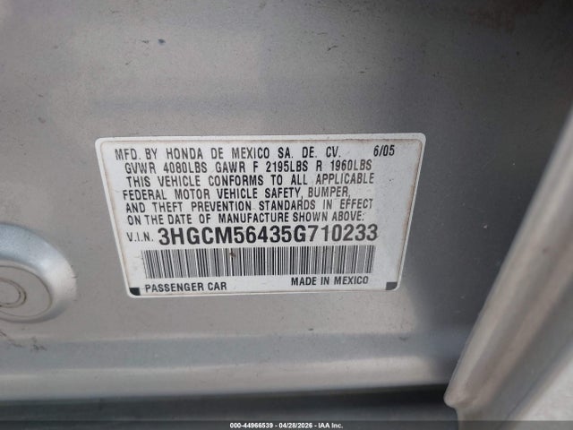 2005 Honda Accord Lx მანქანა იყიდება აუქციონზე, vin: 3HGCM56435G710233, აუქციონის ნომერი: 44966539