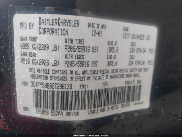 2002 Chrysler Pt Cruiser Touring მანქანა იყიდება აუქციონზე, vin: 3C4FY58B02T296133, აუქციონის ნომერი: 44966541