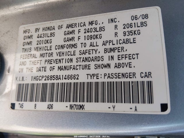 44966542 :رقم المزاد ، 1HGCP26858A146662 vin ، 2008 Honda Accord 2.4 Ex-l مزاد بيع