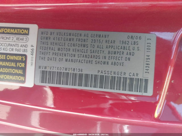 44966549 :رقم المزاد ، WVWFV71K07W058136 vin ، 2007 Volkswagen Gti 2-door مزاد بيع