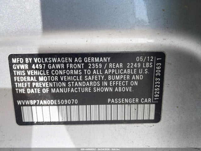 44966552 :رقم المزاد ، WVWBP7AN0DE509070 vin ، 2013 Volkswagen Cc 2.0t Sport مزاد بيع