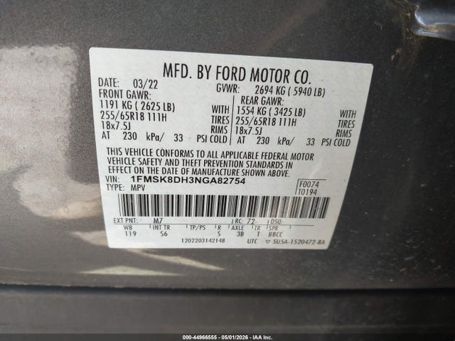 Aukcja sprzedaży 2022 Ford Explorer Xlt, vin: 1FMSK8DH3NGA82754, numer aukcji: 44966555