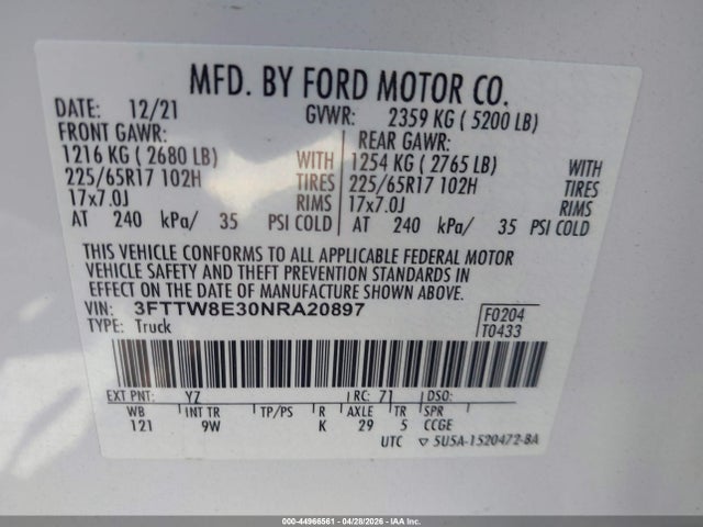Ford Maverick Xl 2022 3FTTW8E30NRA20897 Image 9