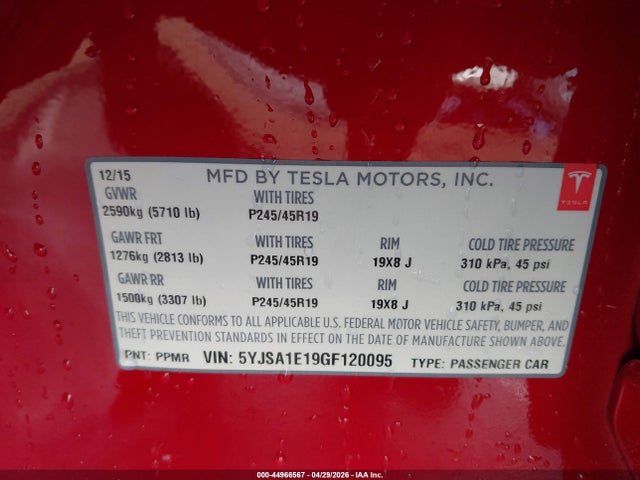 Продаж на аукціоні авто 2016 Tesla Model S 60/70/75/85, vin: 5YJSA1E19GF120095, номер лоту: 44966567