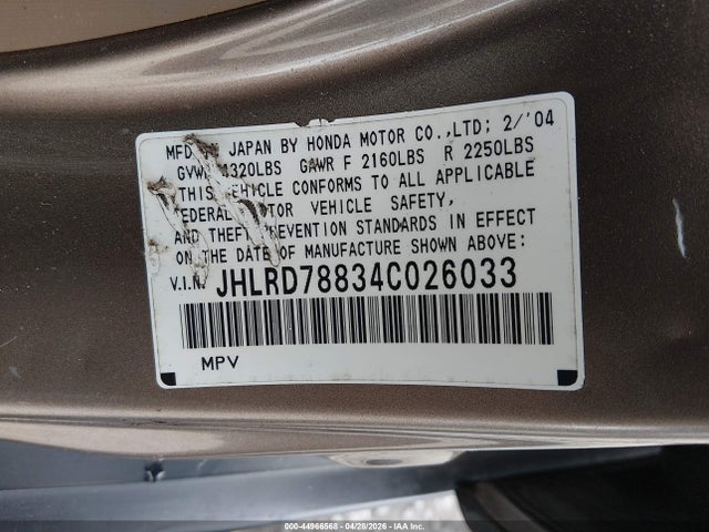 44966568 :رقم المزاد ، JHLRD78834C026033 vin ، 2004 Honda Cr-v Ex مزاد بيع
