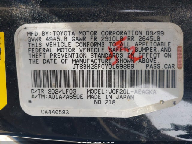 Aukcja sprzedaży 2000 Lexus Ls 400, vin: JT8BH28F0Y0169869, numer aukcji: 44966570
