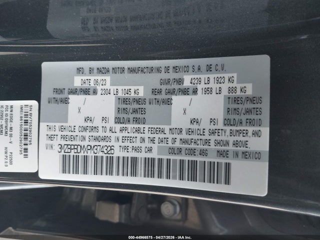 Продажа на аукционе авто 2023 Mazda Mazda3 2.5 S Premium, vin: 3MZBPBDMXPM374326, номер лота: 44966575