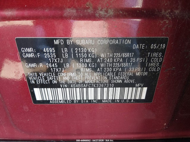 Продажа на аукционе авто 2019 Subaru Outback 2.5i Premium, vin: 4S4BSAFC7K3367310, номер лота: 44966582