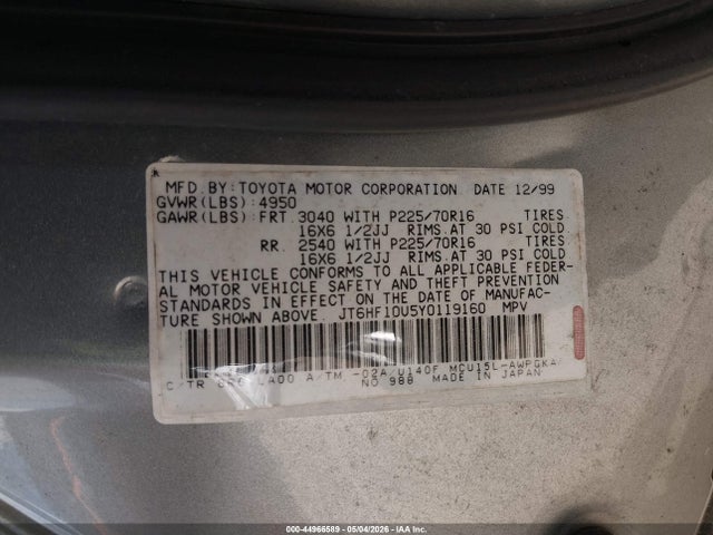 Aukcja sprzedaży 2000 Lexus Rx 300, vin: JT6HF10U5Y0119160, numer aukcji: 44966589
