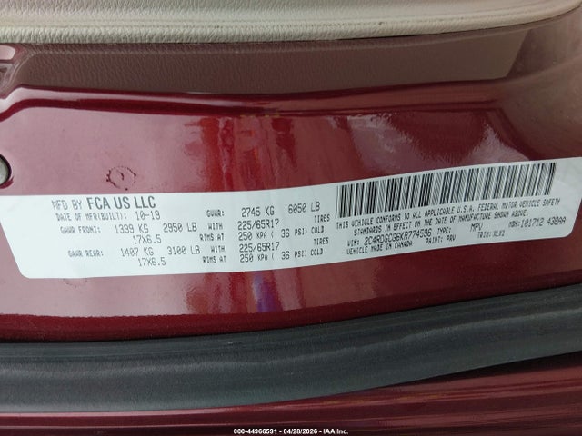 44966591 :رقم المزاد ، 2C4RDGCG6KR774596 vin ، 2019 Dodge Grand Caravan Sxt مزاد بيع
