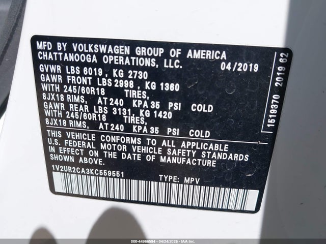 1V2UR2CA3KC559551 Volkswagen Atlas 3.6l V6 Se W/technology