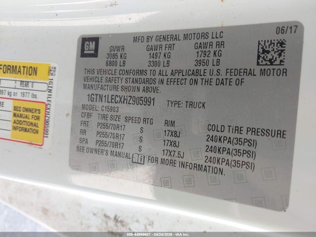 Aukcja sprzedaży 2017 Gmc Sierra 1500, vin: 1GTN1LECXHZ905991, numer aukcji: 44966607