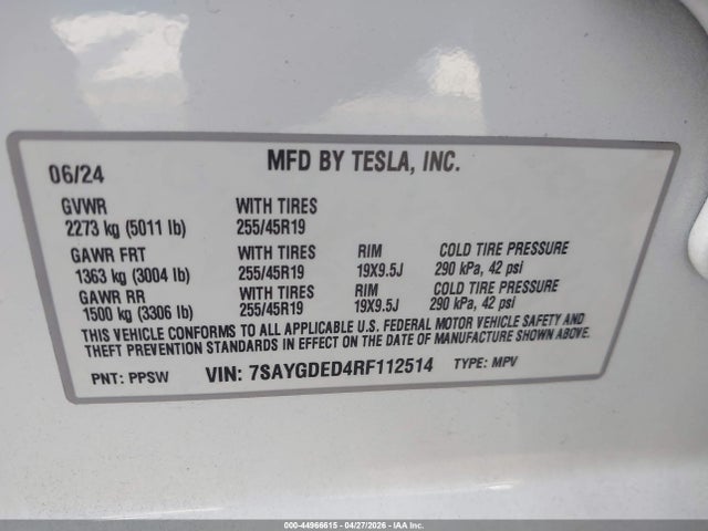 Aukcja sprzedaży 2024 Tesla Model Y Long Range Single Motor Rear-wheel Drive/rwd, vin: 7SAYGDED4RF112514, numer aukcji: 44966615