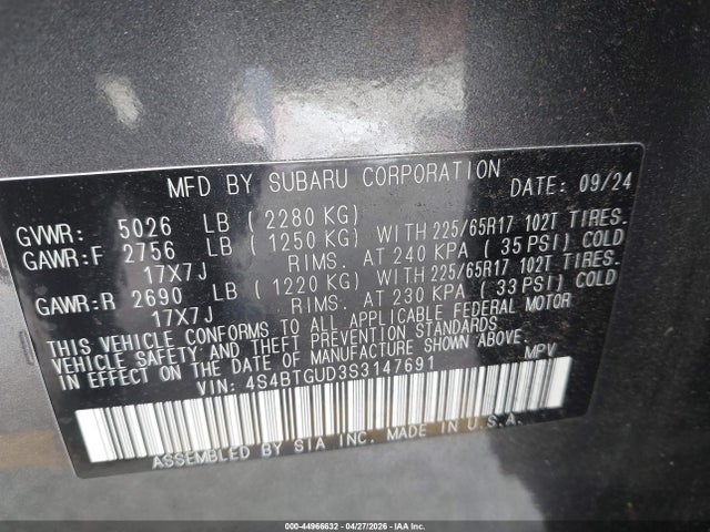 44966632 :رقم المزاد ، 4S4BTGUD3S3147691 vin ، 2025 Subaru Outback Wilderness مزاد بيع